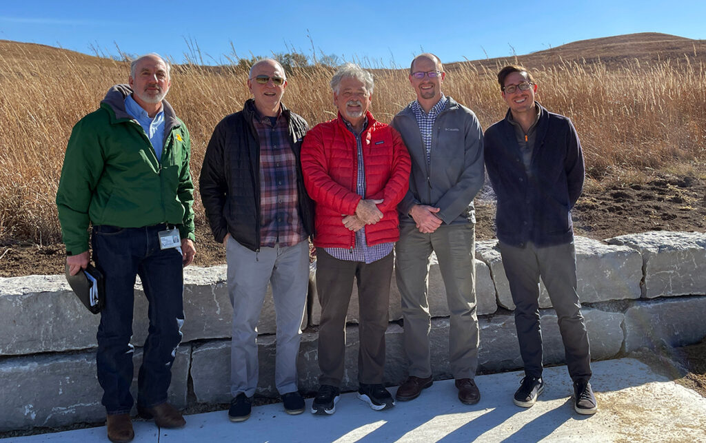 Brad Loveless, Secretary of Kansas Department of Wildlife & Parks, Dan Watkins, Prairie Guards advisor, Michael Stubbs, President Mount Mitchell Prairie Guards, Calvin Reed, Secretary Kansas Department of Transportation, and Jared Tremblay, Planning Manager for the Flint Hills Metropolitan Planning Organization met at Mount Mitchell in November of 2023 to discuss and explore the possibility of including a pedestrian/bike trail as part of the third phase of the highway 99 reconstruction between Wamego and Mount Mitchell.