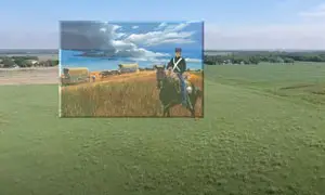 Mountain field with an overlaid painting of a settler on horseback and covered wagons