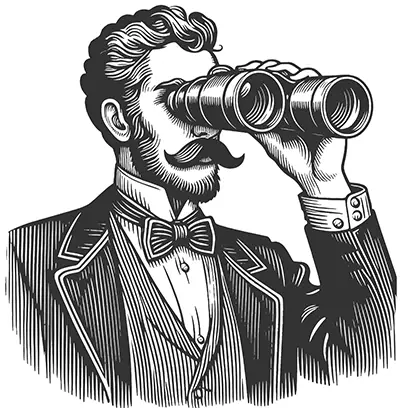 Dapper 1800s gentleman holding binoculars while searching the landscape