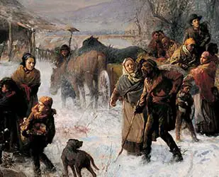Underground Railroad winter scene Underground Railroad scene with white guides leading escaping enslaved people through snow